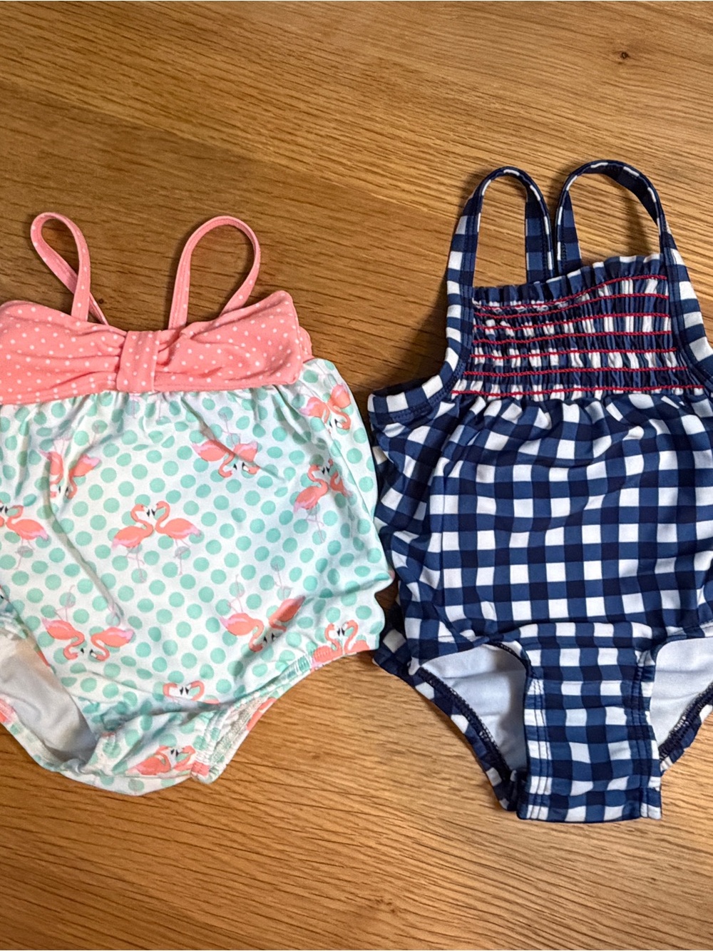 Coral Flamingo (3-6M) and Navy Gingham Baby Swimsuit (6-9M)